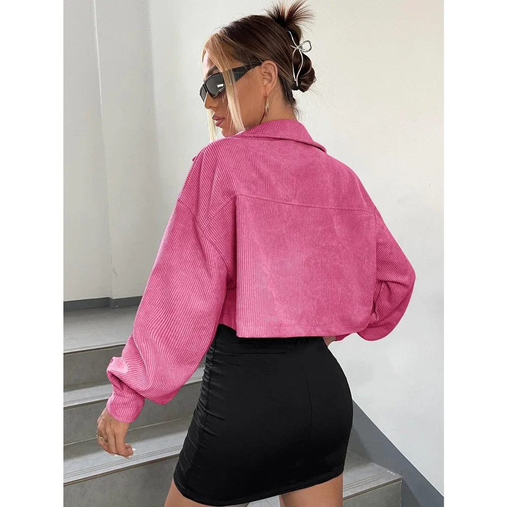 Minimalist Drop Shoulder Crop Corduroy Jacket shacket coat - Picture 2 of 11